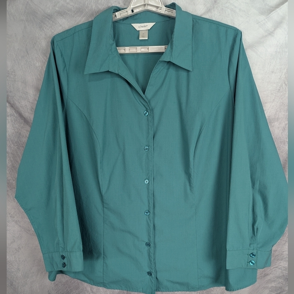 CJ Banks 3X Kelly Green Button Down Shirt With Stretch